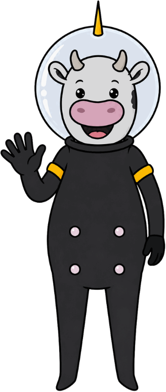 Vaca astronauta de Cheesy Planet dando la bienvenida al proceso de franquicia