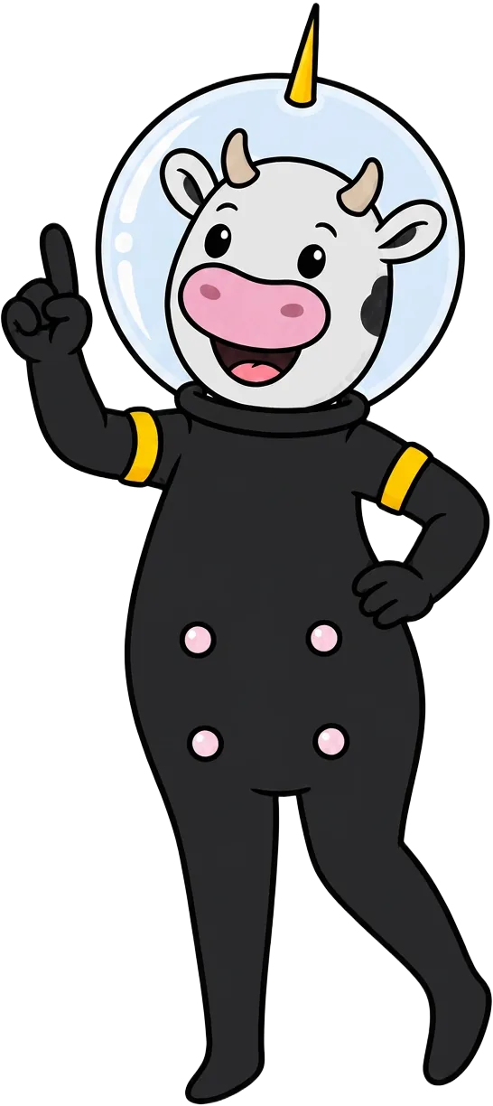 Vaca astronauta de Cheesy Planet señalando el concepto de franquicia